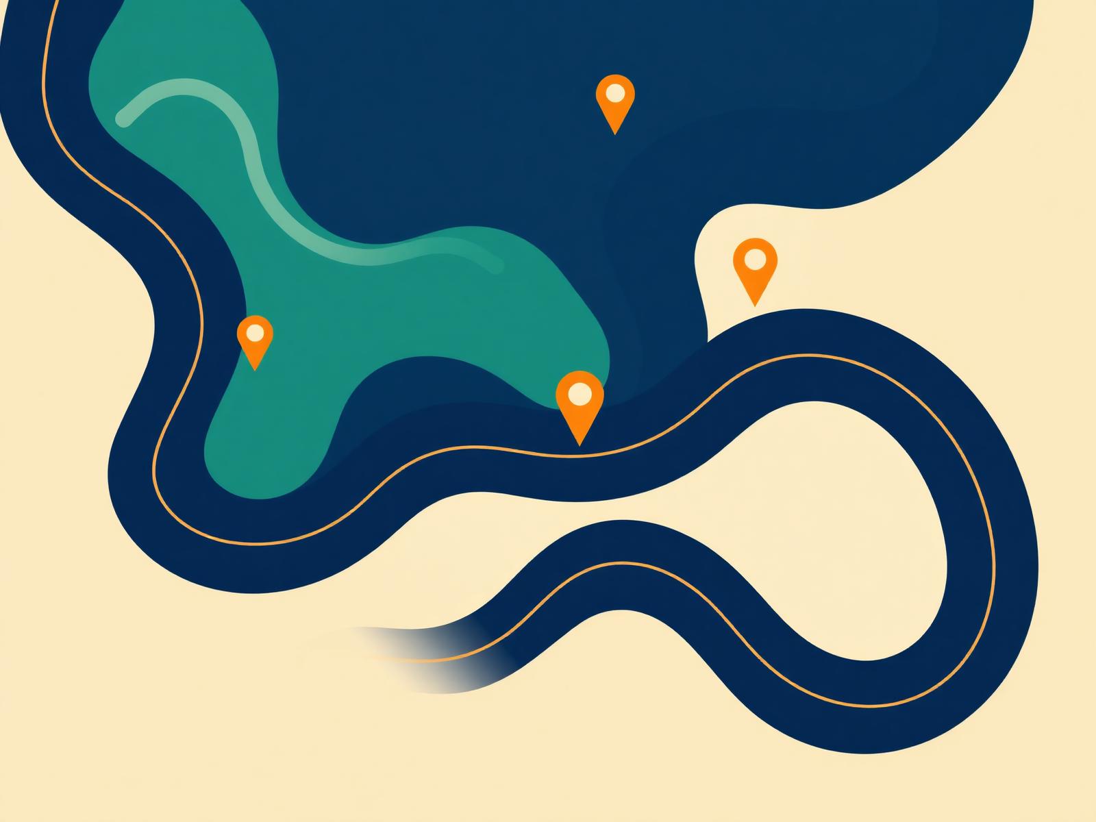 Illustration of winding routes with map pins across a service area
