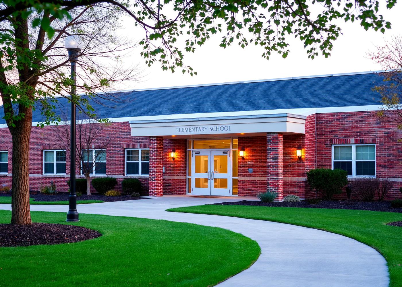 Warm exterior of a neighborhood elementary school